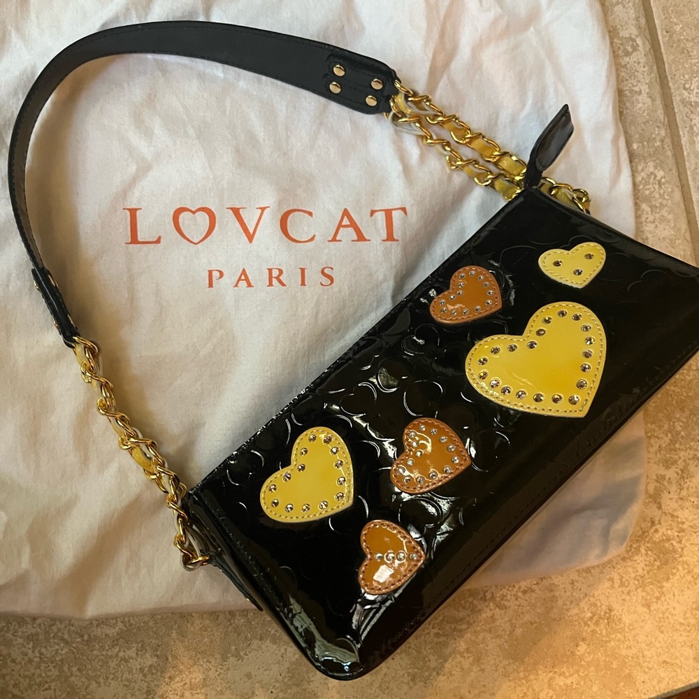 Adorable Black patent leather w/ hearts mini bag by love cat! Perfect condition!